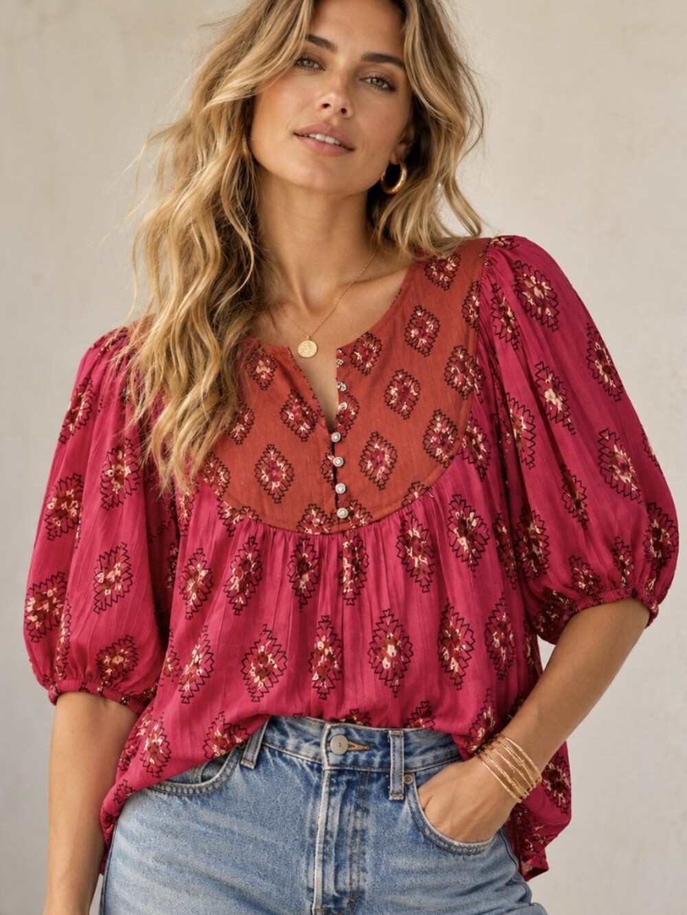 Anthropologie Ikat Peasant Blouse Puff Sleeve Satin Pink Medallion Boho Sz Small